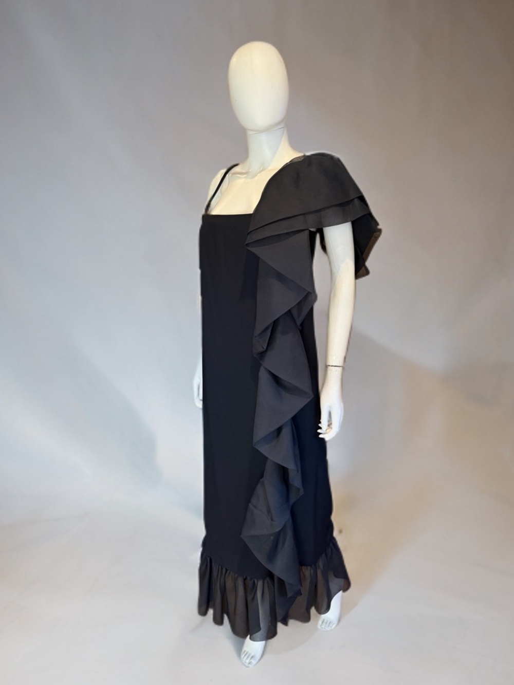 Mr. Blackwell Custom Black One-Shoulder Ruffle Evening Gown